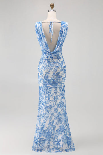 Blue Flower Cowl Neck Sheath Printed Long Bridesmaid Dress with Slit